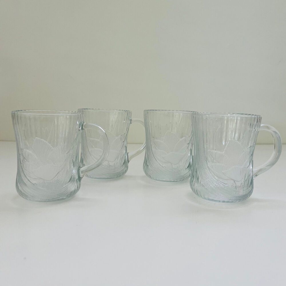 ARCOROC France Canterbury Crocus Floral Ribbed Clear Glass Mug Cup, Set of 4
